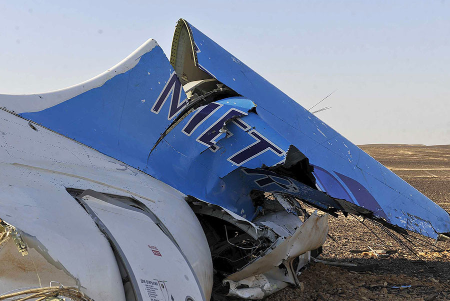 The remains of a Russian airliner which crashed is seen in central Sinai near El Arish city