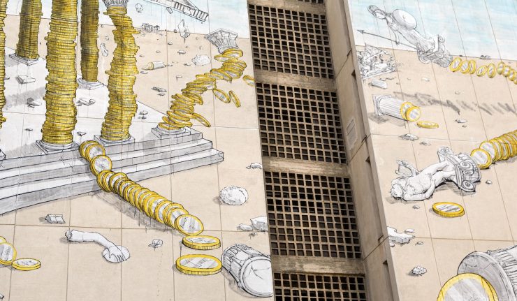 A mural by graffiti artist "Blu" that depicts the Greek ailing economy on a wall in the northern Greek city of Thessaloniki. / Μια τοιχογραφία από τον καλλιτέχνη γκράφιτι "Blu" που απεικονίζει την προβληματική Ελληνική οικονομία σε έναν τοίχο στην Θεσσαλονίκη.