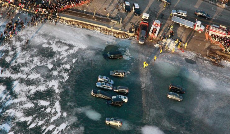 A number of vehicles broke through the ice near the shore of Geneva Lake, while parked on the ice for a Winterfest celebration, according to the Lake Geneva Fire Department. The vehicles were not occupied and no injuries were reported.