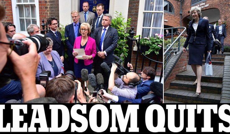 © Licensed to London News Pictures. 11/07/2016. London, UK. Conservative party leadership contender ANDREA LEADSOM MP Delivers a statement in Westminster on July 11, 2016 I which she is expected to pull out of the leadership race.  Photo credit: Ben Cawthra/LNP