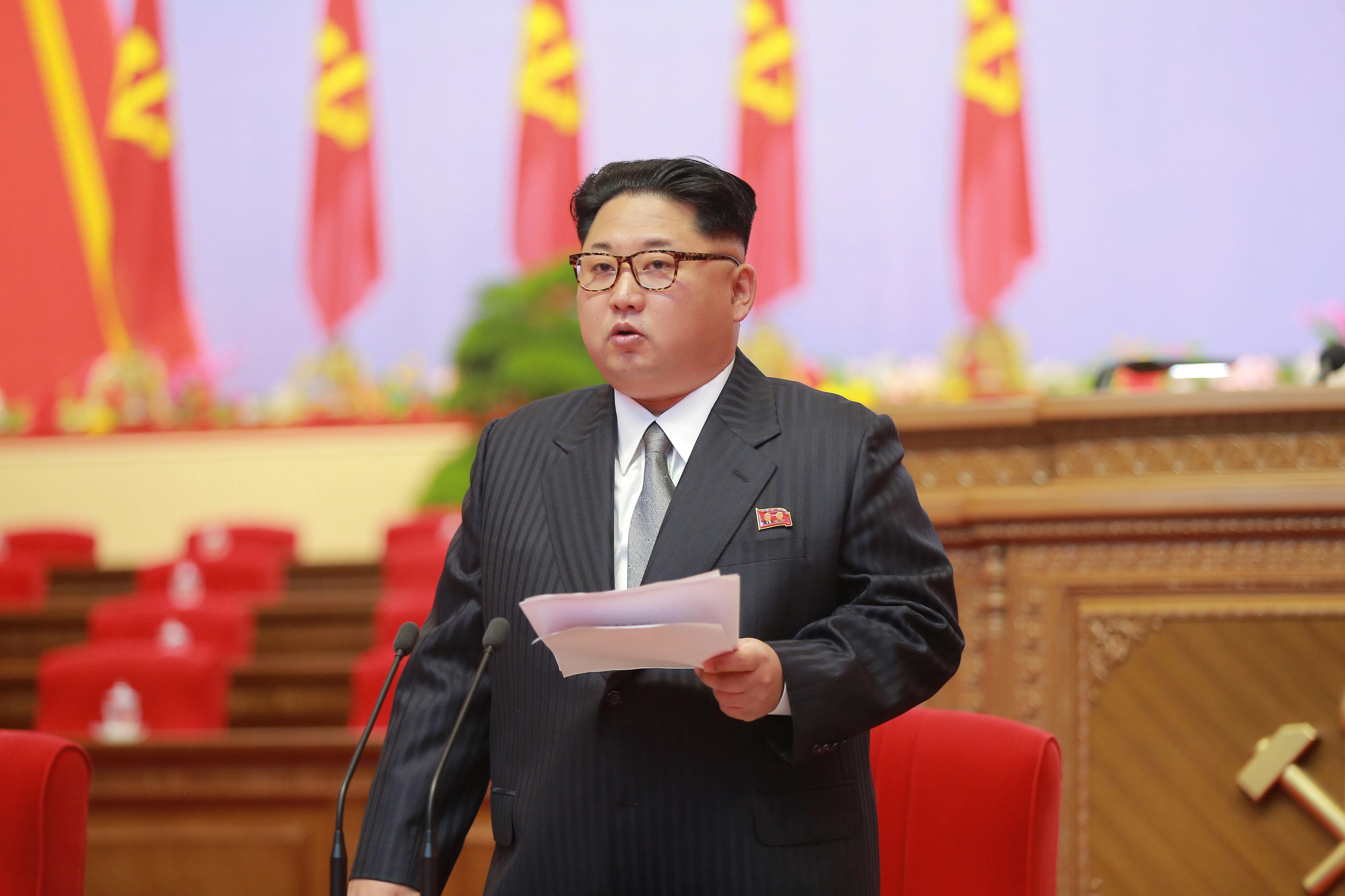 North Korean leader Kim Jong Un speaks during the first congress of the country's ruling Workers' Party in 36 years in Pyongyang, in this handout photo provided by KCNA on May 6, 2016. KCNA/via Reuters ATTENTION EDITORS - THIS PICTURE WAS PROVIDED BY A THIRD PARTY. REUTERS IS UNABLE TO INDEPENDENTLY VERIFY THE AUTHENTICITY, CONTENT, LOCATION OR DATE OF THIS IMAGE. FOR EDITORIAL USE ONLY. NO THIRD PARTY SALES. NOT FOR USE BY REUTERS THIRD PARTY DISTRIBUTORS. SOUTH KOREA OUT. THIS PICTURE IS DISTRIBUTED EXACTLY AS RECEIVED BY REUTERS, AS A SERVICE TO CLIENTS.  TPX IMAGES OF THE DAY      - RTX2D715