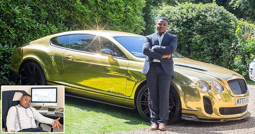 PIC FROM CATERS NEWS - (PICTURED: Millionaire, Robert Mfune stands next to his gold Bentley.) - A teenage trader swapped shifts at the golden arches for a one-of-a-kind gold supercar after working his way up from water boy to millionaire trader. When Robert Mfune of Southampton turned 16 years of age he worked at McDonalds and ran errands for binary traders all while still at college. By the time Robert passed his A Levels with grades AAB, he was a Bentley owning millionaire who had only just stopped serving Big Macs. SEE CATERS COPY.