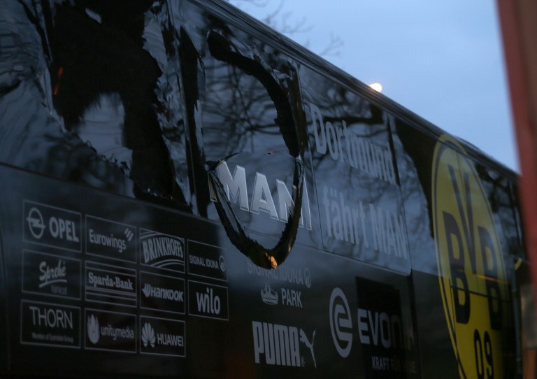 DORTMUND, GERMANY - APRIL 11 : The bus of Borussia Dortmund stands after explosions at the hotel L'Arrivee in Germany on April 11, 2017.  The UEFA Champions League quarter-final soccer match between Borussia Dortmund and AS Monaco has been postponed after an explosions near the bus carrying the Dortmund team, injuring one player. INA FASSBENDER / Anadolu Agency