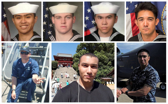 A combination photo of the dead sailors identified by the U.S. Navy in the collision incident between U.S. Navy destroyer USS Fitzgerald and Philippine-flagged merchant vessel south of Tokyo Bay on June 17, 2017. Top row (L-R) Fire Controlman 2nd Class Carlos Victor Ganzon Sibayan, 23, from Chula Vista, CA; Gunner's Mate Seaman Dakota Kyle Rigsby, 19, from Palmyra, VA; Sonar Technician 3rd Class Ngoc T Truong Huynh, 25, from Oakville, CT; and Yeoman 3rd Class Shingo Alexander Douglass, 25, from San Diego, CA. Bottom row (L-R)  Fire Controlman 1st Class Gary Leo Rehm Jr., from Elyria, OH; Personnel Specialist 1st Class Xavier Alec Martin, 24, from Halethorpe, MD; and Gunner's Mate 2nd Class Noe Hernandez, 26, from Weslaco, TX.   U.S. Navy/Handout via REUTERS ATTENTION EDITORS - THIS IMAGE WAS PROVIDED BY A THIRD PARTY. TPX IMAGES OF THE DAY