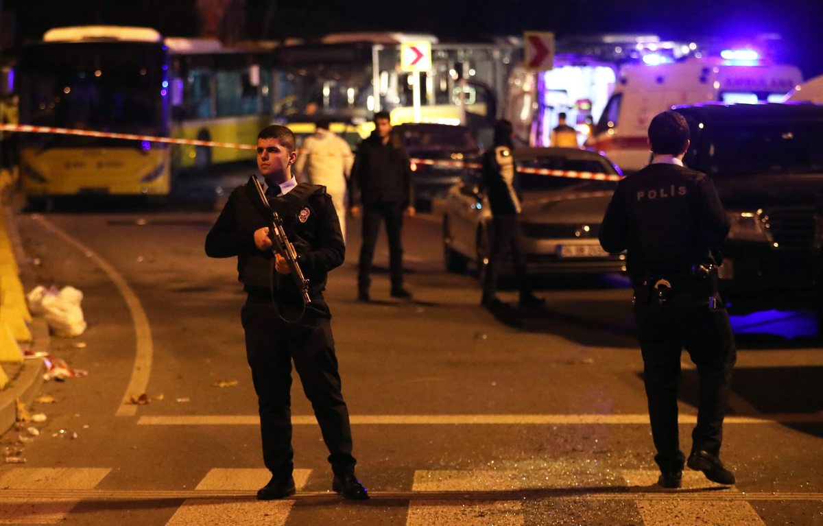 epa05669960 Police secure the area after an explosion around Vodafone Arena Stadium in Istanbul, Turkey, 10 December 2016. According to security source at least 13 people were killed in what the Interior Ministry called a car bomb attack after two explosions were heard outside Besiktas Stadium a few hours after the night's soccer match.  EPA/SEDAT SUNA