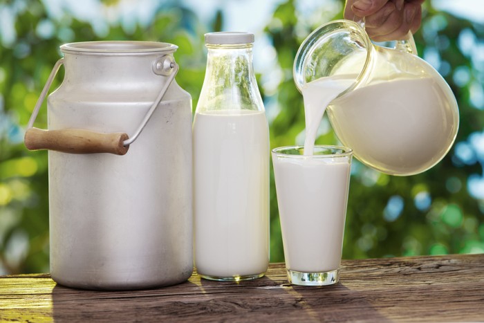 Pouring milk in the glass on the background of nature.