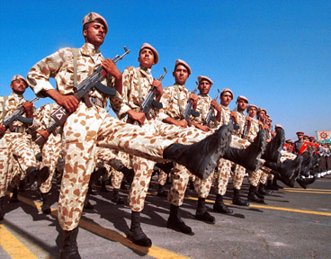 Iranian soldiers march during a parade ceremony on the occasion of the 20th anniversary of the outset of the Iran-Iraq war (1980-1988) at Azadi (Liberty) Sq. in Tehran, Iran Thursday, September 21, 2000. (AP Photo/Vahid Salemi)