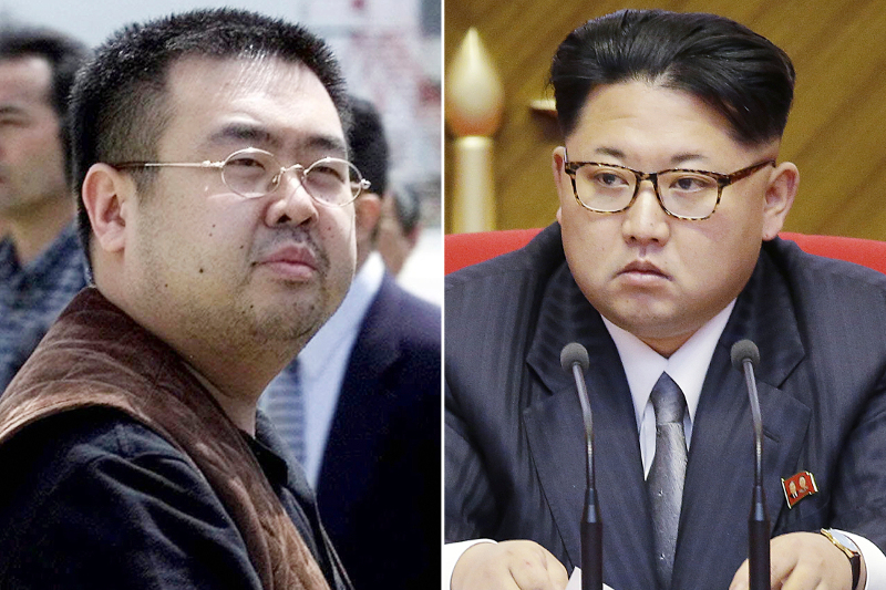 FILE - This combination of file photos shows Kim Jong Nam, left, exiled half-brother of North Korea's leader Kim Jong Un, in Narita, Japan, on May 4, 2001, and North Korean leader Kim Jong Un on May 9, 2016, in Pyongyang, North Korea. (AP Photos/Shizuo Kambayashi, Wong Maye-E, File)