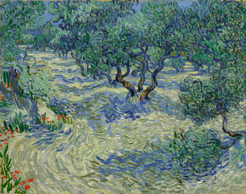 This photo provided by The Nelson-Atkins Museum of Art in Kansas City, Mo., shows Vincent van Gogh's painting "Olive Trees." A small grasshopper has been found embedded in the thick paint in the lower foreground of the painting. Paintings Conservator Mary Schafer made the grasshopper discovery while examining the painting under magnification. The bug isn't visible through casual observation. (The Nelson-Atkins Museum of Art via AP)