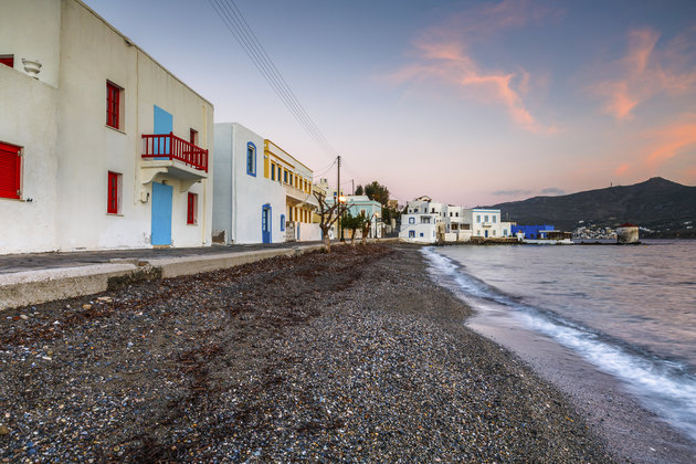 Buildings at the seafront of Agia Marina village on Leros island in Greece early in the morning.