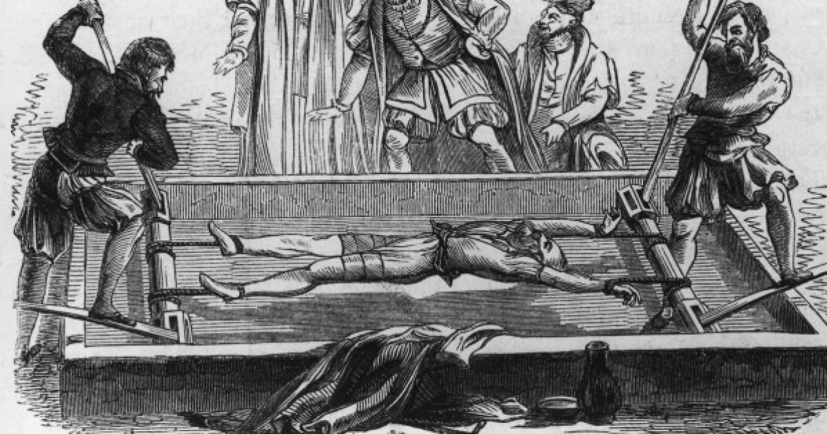 Cuthbert Simpson (or Cutbert Simson) suffers on the rack in the Tower of London, during the Marian persecution, 1558. He was burnt at Smithfield in the same year, along with two other Protestant martyrs. From John Foxe's 'Book of Martyrs'. (Photo by Hulton Archive/Getty Images)