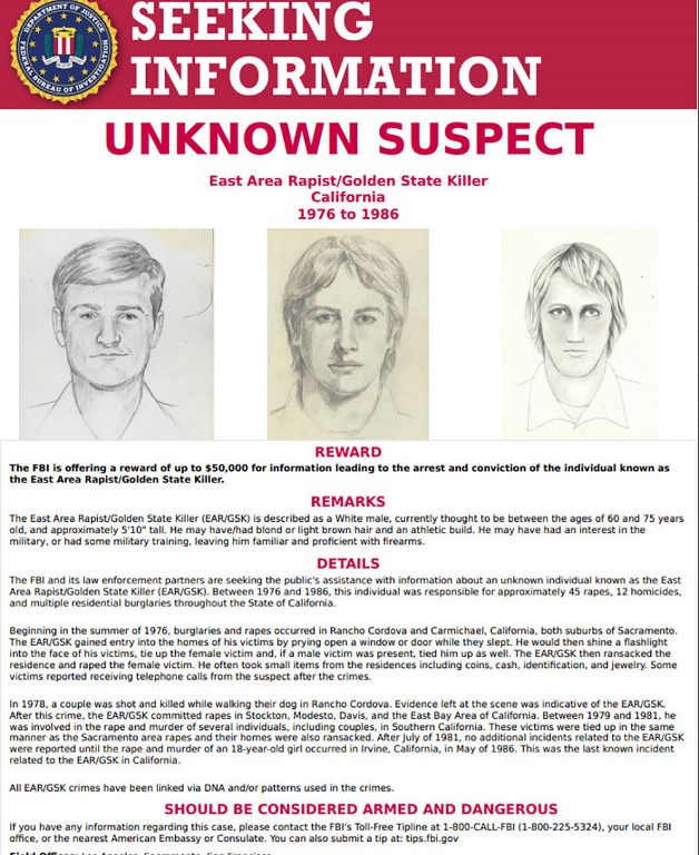 This FBI wanted poster obtained April 25, 2018 shows drawings of a suspect known as the "Golden State Killer". A notorious decades-old mystery over the identity of the "Golden State Killer," believed to have carried out dozens of rapes and multiple murders in California in the 1970s and 1980s, may finally be solved: a suspect has reportedly been arrested. Joseph James DeAngelo, 72, is being held in the Sacramento County jail on two counts of murder, the Sacramento Bee reported on April 25, 2018.According to local television stations, DeAngelo was once a policeman. The Golden State Killer, also known as the "East Area Rapist" and "Original Nightstalker," is suspected of carrying out at least 12 murders and 45 rapes in California between 1976 and 1986, according to the FBI. / AFP PHOTO / FBI / Handout / RESTRICTED TO EDITORIAL USE - MANDATORY CREDIT "AFP PHOTO / FBI/HANDOUT" - NO MARKETING NO ADVERTISING CAMPAIGNS - DISTRIBUTED AS A SERVICE TO CLIENTS