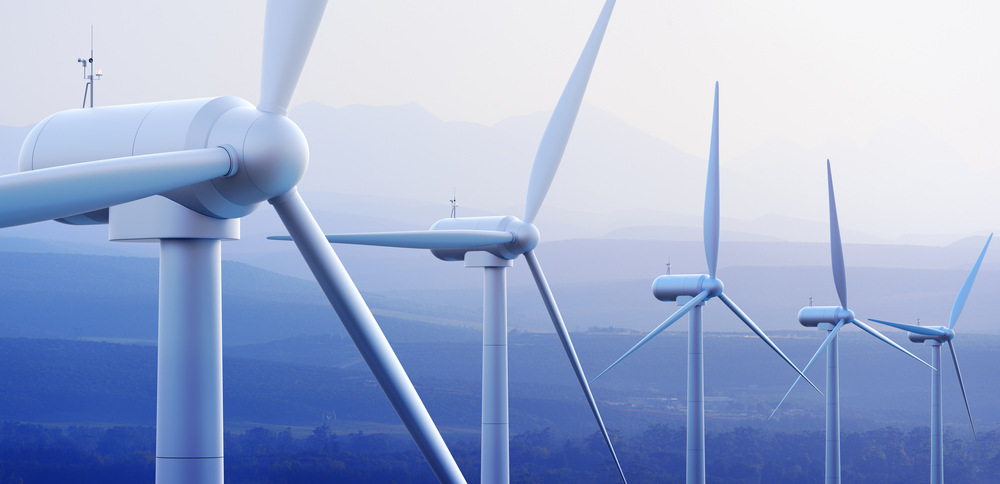 Wind turbine farm against distant mountains (3d graphic)