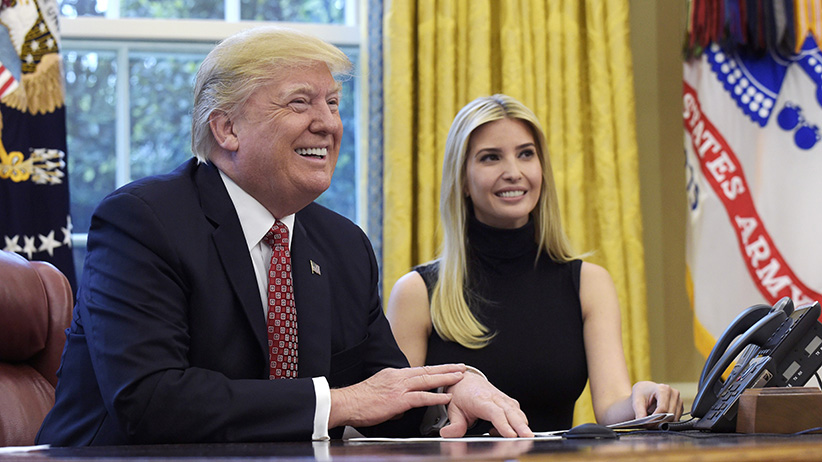 In this April 24, 2017, photo, President Donald Trump, accompanied by his daughter Ivanka Trump, talks via video conference with International Space Station Commander Peggy Whitson from the Oval Office of the White House in Washington. Not since John F. Kennedy appointed his brother Bobby to be attorney general and his brother-in-law to head the Peace Corps has a president leaned as heavily on his family as has Donald Trump. Ivanka Trump, who once said she‚Äôd stick to the role of daughter, now has a West Wing office and the title of assistant to the president after she discovered that ‚Äúhaving one foot in and one foot out wouldn‚Äôt work.‚Äù  (Susan Walsh/AP/CP)