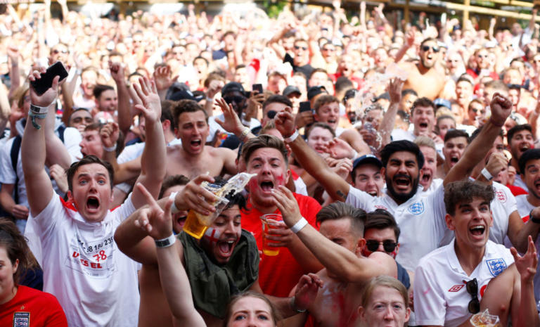 Soccer Football - World Cup - England fans watch Sweden vs England - Flat Iron Square, London, Britain - July 7, 2018   England fans celebrate their second goal   REUTERS/Henry Nicholls