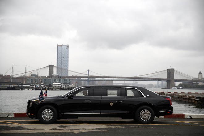 The presidential limo sits at the Downtown Manhattan Heliport before the arrival of President Donald Trump, Sunday, Sept. 23, 2018, in New York. Trump is riding around in a new set of wheels. A sleeker version of the armored presidential limousine known as “The Beast” is ferrying Trump around midtown Manhattan, where he is attending the annual U.N. General Assembly session. (AP Photo/Evan Vucci)