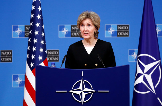 U.S. Ambassador to NATO Kay Bailey Hutchison briefs the media ahead of a NATO defence ministers meeting at the Alliance headquarters in Brussels, Belgium, October 2, 2018. REUTERS/Francois Lenoir