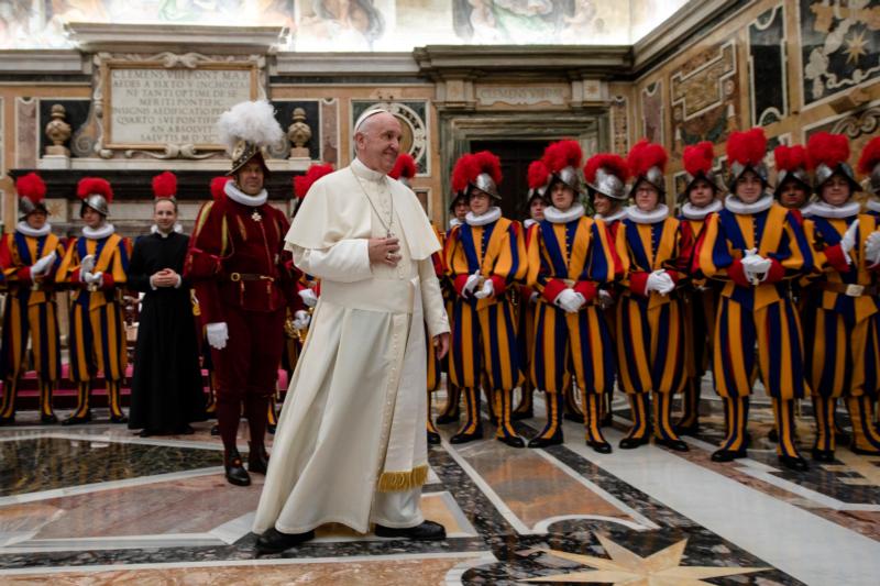 Pope Francis is pictured during an audience with Swiss Guard recruits and their family members in the Apostolic Palace at the Vatican May 4. The audience was held two days in advance of the annual swearing-in of new guards. (CNS photo/Vatican Media) See POPE-SWISS-GUARDS May 4, 2018.