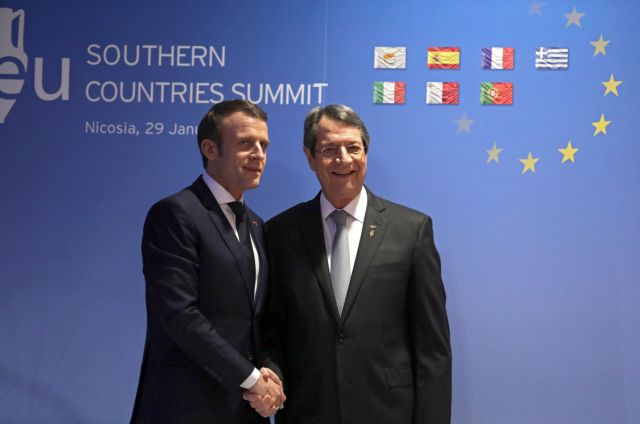 epa07329841 Cypriot President Nicos Anastasiades (R) welcomes French President Emmanuel Macron (L) during the Southern European Countries Summit at the Filoxenia Conference Centre in Nicosia, Cyprus, 29 January 2019. Migration, Brexit, the Eurozone reform, Europe's energy security, climate change, the Multi-annual Financial Framework 2021-2027, the forthcoming 1st  EU - League of Arab States Summit, as well as regional developments including the Cyprus issue will be discussed during the 5th Southern European Countries Summit MED7 (Cyprus, France, Italy, Greece, Portugal, Malta and Spain) in Nicosia.  EPA/KATIA CHRISTODOULOU