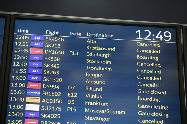 A departure board shows cancelled flights at Oslo Gardermoen airport during pilots strikes, in Oslo, Friday, April 26, 2019. Pilots for Scandinavian Airlines have launched an open-ended strike following the collapse of pay negotiations, forcing the company to cancel almost all its flights. So far, 673 flights have been canceled, affecting 72,000 passengers. The Stockholm-based carrier said talks on a new collective bargaining agreement with the SAS Pilot Group, which represents 95% of the company's pilots in Sweden, Denmark and Norway, collapsed early Friday. (Ole Berg-Rusten/NTB Scanpix via AP)