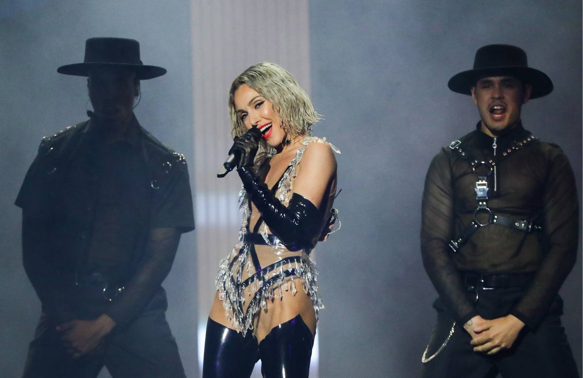 TEL AVIV, ISRAEL - MAY 13, 2019: Tamta representing Cyprus performs during a dress rehearsal of the first semi-final of the 2019 Eurovision Song Contest. Vyacheslav Prokofyev/TASS PUBLICATIONxINxGERxAUTxONLY TS0AB3EA