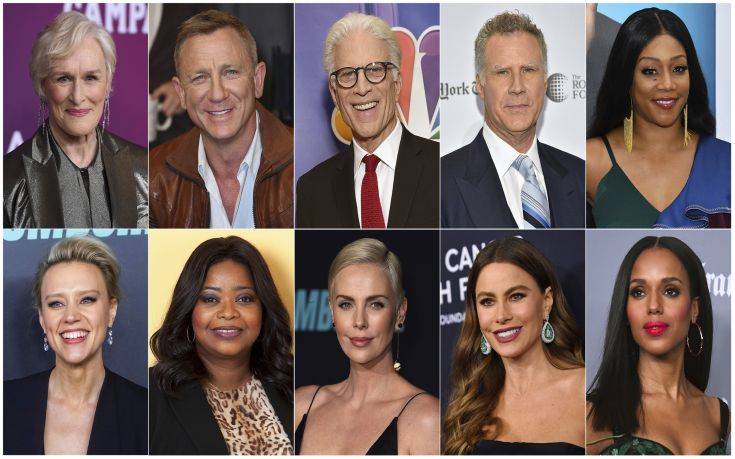 This combination photo shows, top row from left, Glenn Close, Daniel Craig, Ted Danson, Will Ferrell, Tiffany Haddish, bottom row from left, Kate McKinnon, Octavia Spencer, Charlize Theron, Sofia Vergara and Kerry Washington, who will serve as presenters at the Golden Globe Awards on Sunday. (AP Photo)