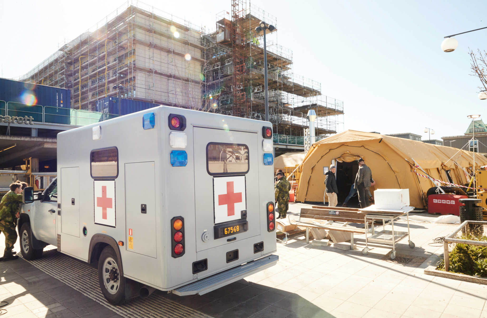 An ambulance lent by the Swedish Armed Forces to transfer the intensive care patients infected with the coronavirus disease (COVID-19) between the hospitals are pictured in Helsingborg, Sweden April 09, 2020.  Andreas Hillergren/TT News Agency/via REUTERS      ATTENTION EDITORS - THIS IMAGE WAS PROVIDED BY A THIRD PARTY. SWEDEN OUT. NO COMMERCIAL OR EDITORIAL SALES IN SWEDEN.