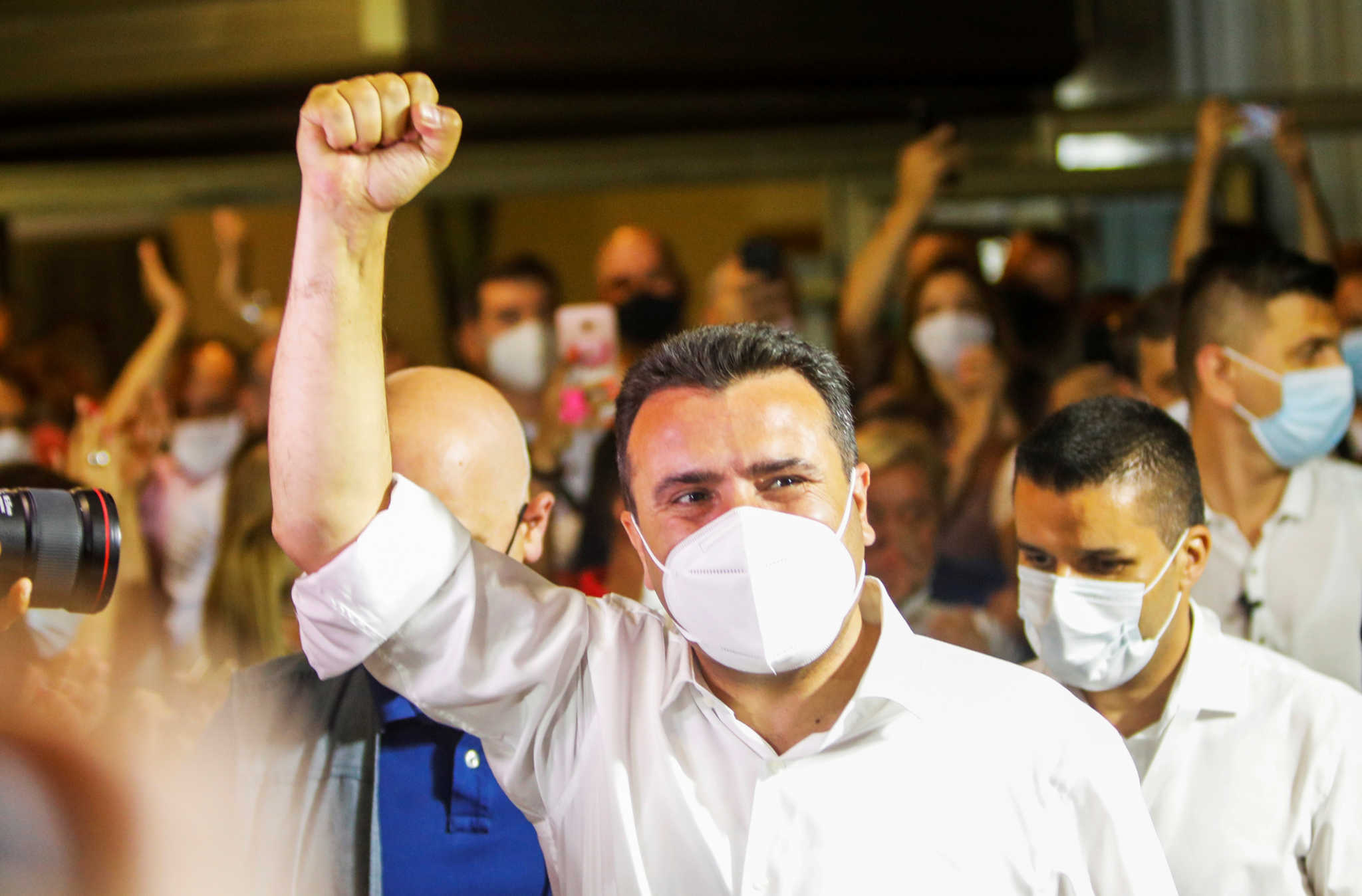 Macedonian Former Prime Minister and leader of the ruling SDSM party Zoran Zaev celebrates his victory in a parliamentary election, after planned snap elections in April had to be postponed due to the coronavirus disease (COVID-19) outbreak, in Skopje, North Macedonia, July 16, 2020. REUTERS/Ognen Teofilovski