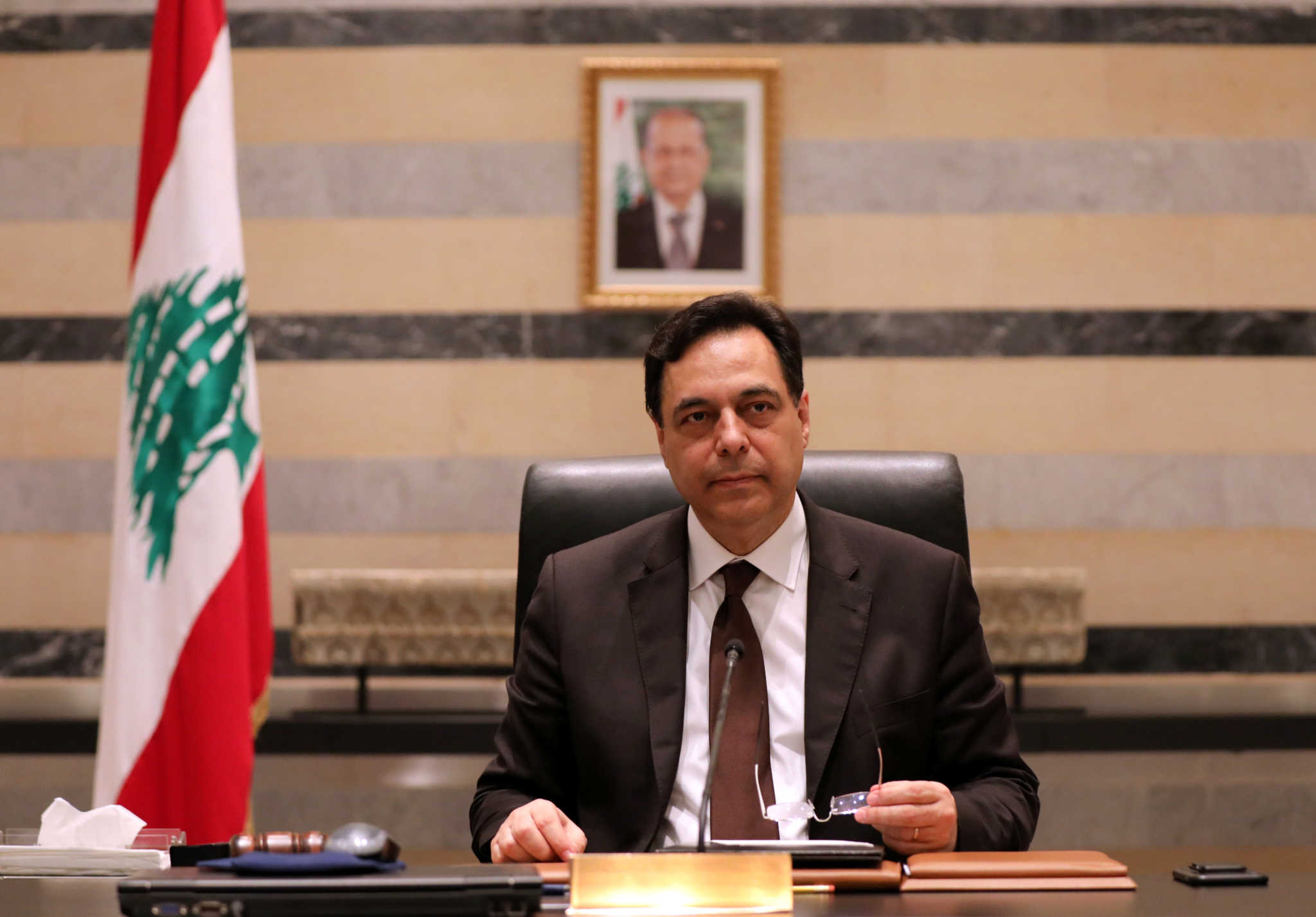 Lebanon's Prime Minister Hassan Diab is pictured at the government palace in Beirut, Lebanon, August 10, 2020. REUTERS/Mohamed Azakir