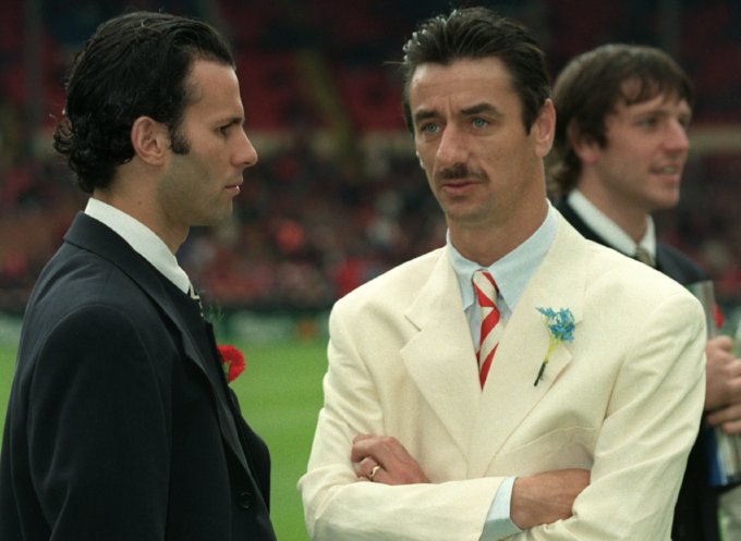 l-r; Ryan Giggs (MU), Ian Rush (L). in suits