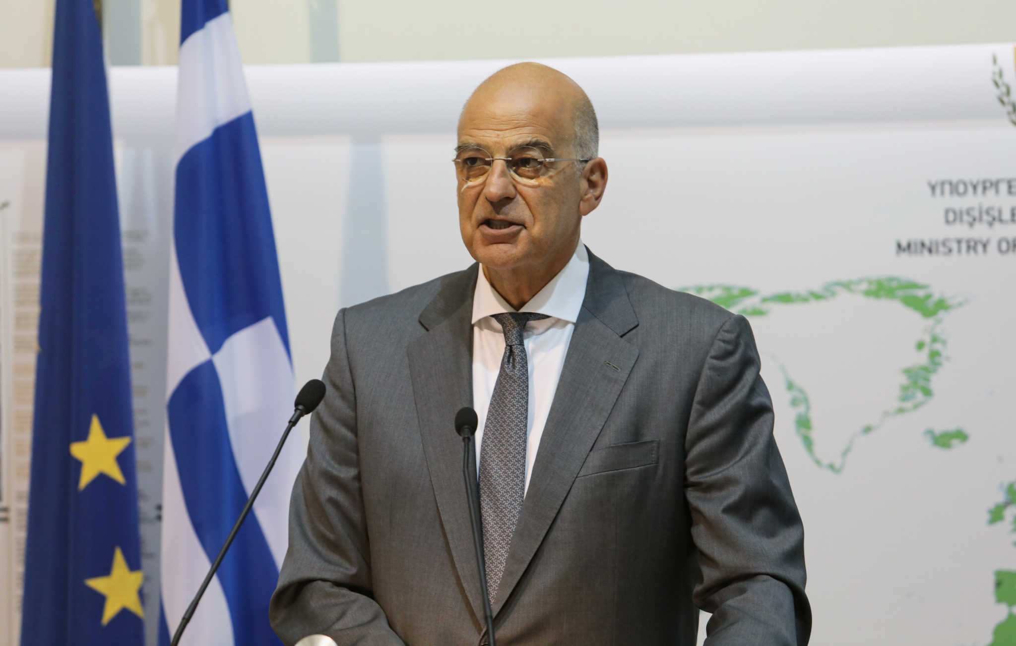 Greek Foreign Minister Nikos Dendias speaks during a news conference at the Foreign Ministry in Nicosia, Cyprus, August 18, 2020. REUTERS/Yiannis Kourtoglou