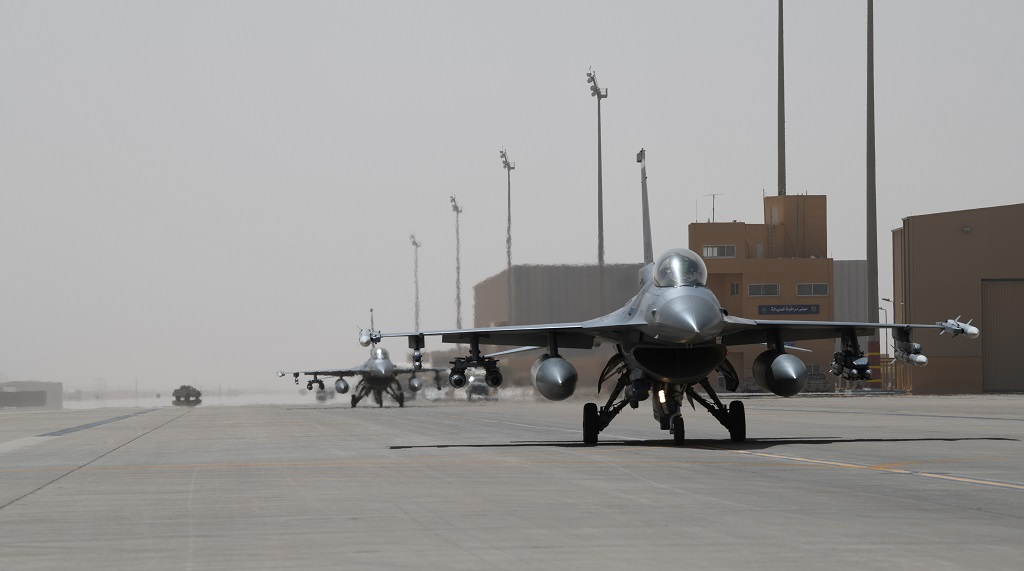 Two U.S. Air Force F-16 Fighting Falcons taxi on the flight line at Prince Sultan Air Base, Kingdom of Saudi Arabia Feb. 26, 2020. As a part of the Triple Nickel out of Aviano Air Base, Italy, these jets will focus on combat and deterrence operations in the area of responsibility. (U.S. Air Force photo by Senior Airman Giovann Sims)