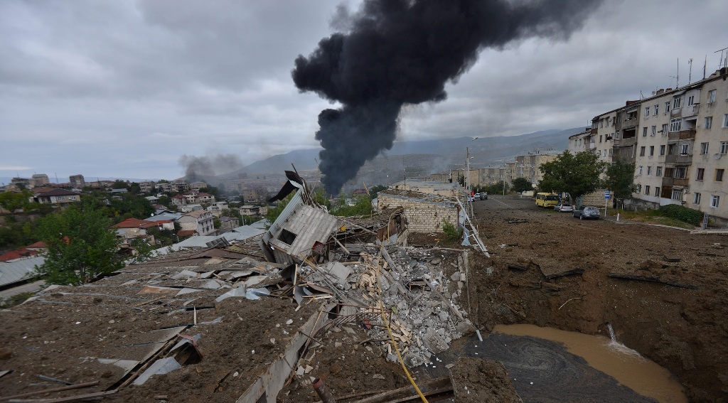 TOPSHOT - A view shows aftermath of recent shelling during the ongoing fighting between Armenia and Azerbaijan over the breakaway Nagorno-Karabakh region, in the disputed region's main city of Stepanakert on October 4, 2020. (Photo by Karo Sahakyan / Armenian Government / AFP) (Photo by KARO SAHAKYAN/Armenian Government/AFP via Getty Images) *** BESTPIX ***