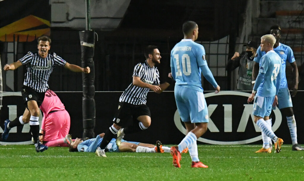 Soccer Football - Europa League - Group E - PAOK v PSV Eindhoven - Toumba Stadium, Thessaloniki, Greece - November 5, 2020 PAOK's Andrija Zivkovic celebrates scoring their second goal REUTERS/Alexandros Avramidis