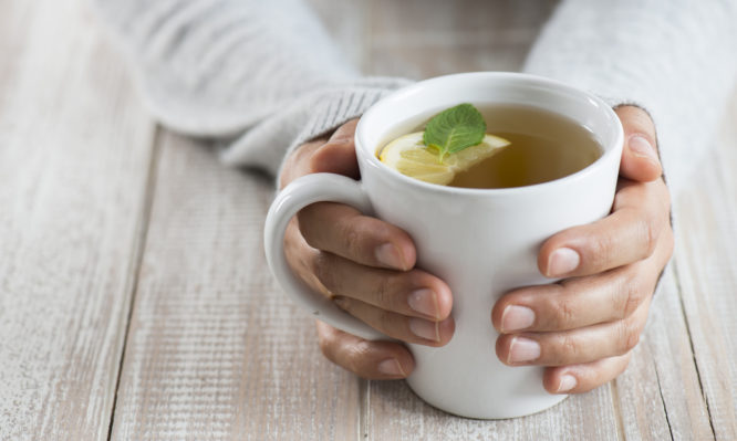 Herbal tea on wood background. Woman holding mug.