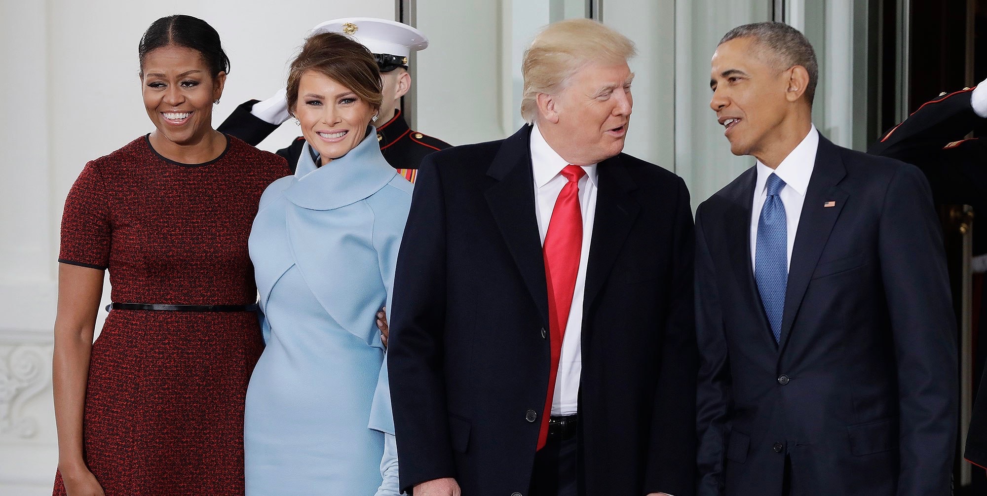 President Barack Obama and first lady Michelle Obama pose with President-elect Donald Trump and his wife Melania at the White House in Washington, Friday, Jan. 20, 2017. (AP Photo/Evan Vucci)