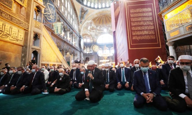 Turkey's President Tayyip Erdogan attends Friday prayers at Hagia Sophia Grand Mosque, for the first time after it was once again declared a mosque after 86 years, in Istanbul, Turkey, July 24, 2020. Murat Cetinmuhurdar/PPO/Handout via REUTERS THIS IMAGE HAS BEEN SUPPLIED BY A THIRD PARTY. NO RESALES. NO ARCHIVES.