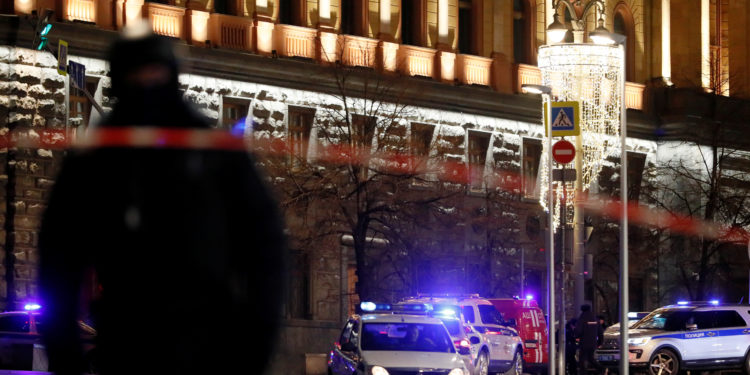 Police cars block a street near the Federal Security Service (FSB) building after a shooting incident, in Moscow, Russia December 19, 2019. REUTERS/Shamil Zhumatov