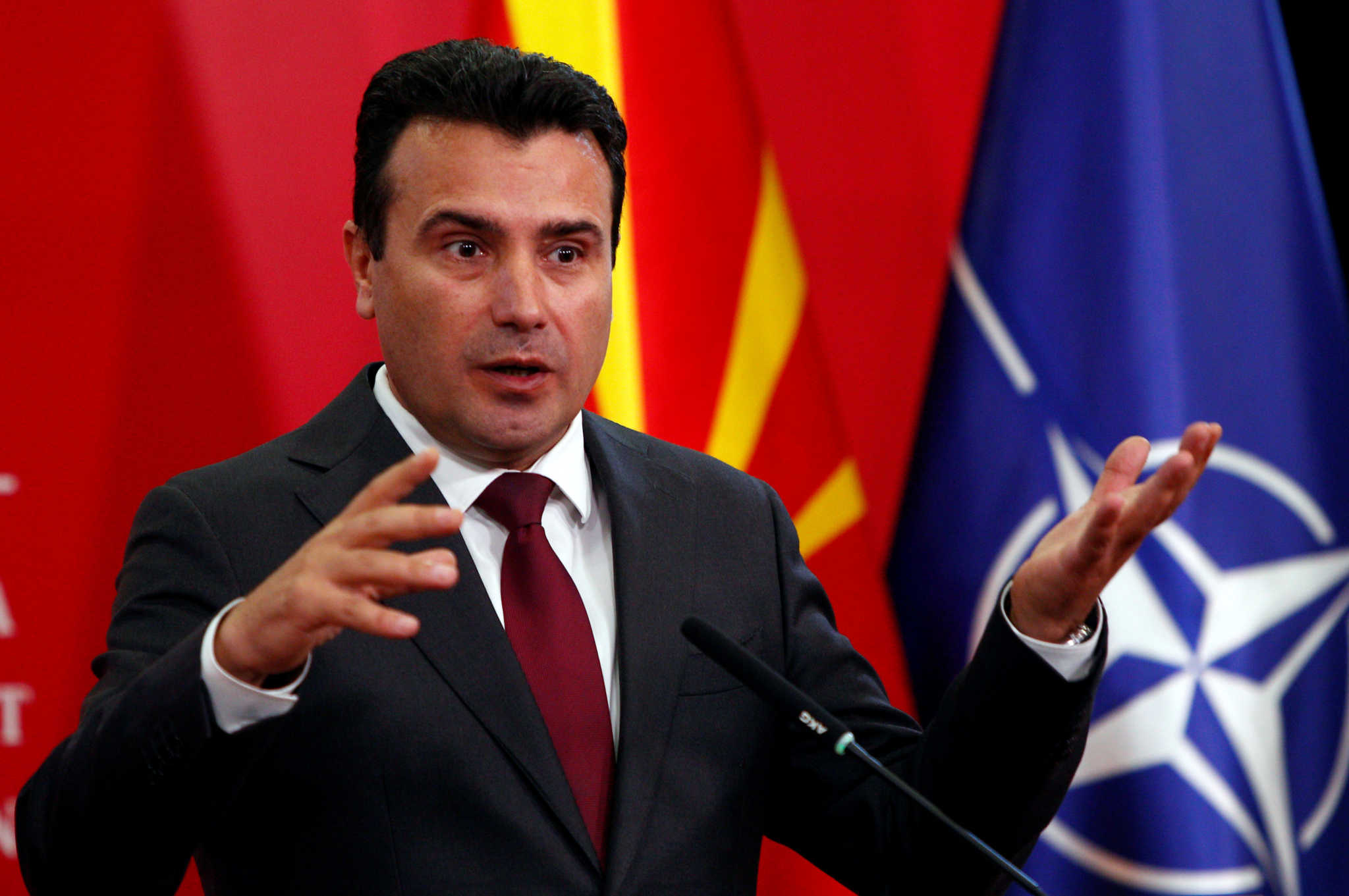 FILE PHOTO: Zoran Zaev, at the time North Macedonia's prime minister, addresses a news conference in Skopje, North Macedonia October 19, 2019. REUTERS/Ognen Teofilovski/File Photo