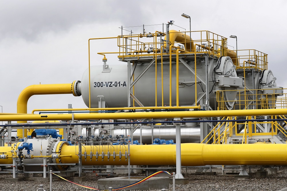 epa07962865 Gas pipes and associated equipment are pictured prior to the inauguration ceremony of the Podisor gas compression facility, part of the BRUA pipeline project, near Podisor village, 50 Km south-west from Bucharest, Romania, 31 October 2019. The Bulgaria-Romania-Hungary-Austria (BRUA) pipeline project, formally conceived in 2016 and partially sponsored by the European Union, is projected to deliver 4.4 billion cubic meters per year to the prominent regional hub located in Baumgarten, Austria, in 2022. The Romanian pipe sector will have 479 Km when it will be finished, and three compression facilities, the project being developed by Transgaz, the technical operator of the national natural gas transmission system in Romania. The first phase of the pipeline is expected to be operational by the end of 2019 and the second phase by 2022.  EPA/ROBERT GHEMENT