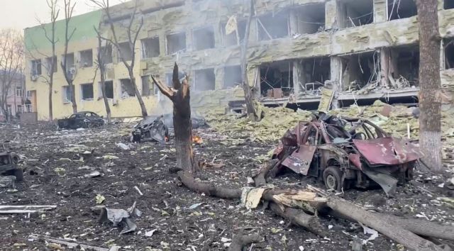 Debris is seen on site of the destroyed Mariupol children's hospital as Russia's invasion of Ukraine continues, in Mariupol, Ukraine, March 9, 2022 in this still image from a handout video obtained by Reuters. Ukraine Military/Handout via REUTERS    THIS IMAGE HAS BEEN SUPPLIED BY A THIRD PARTY.