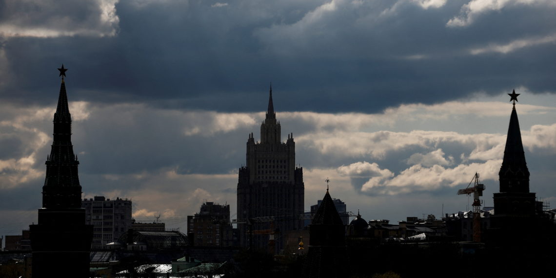 FILE PHOTO: A general view shows the Russian Foreign Ministry headquarters and towers of the Kremlin in Moscow, Russia April 26, 2021. REUTERS/Maxim Shemetov/File Photo