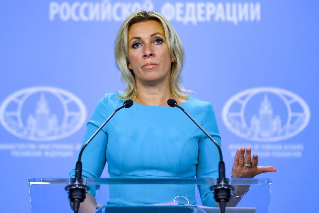 In this photo released by the Russian Foreign Ministry Press Service, Russian Foreign Ministry spokesperson Maria Zakharova gestures as she speaks during the briefing about foreign policy in Moscow, Russia, Thursday, Sept. 17, 2020. (Russian Foreign Ministry Press Service via AP)