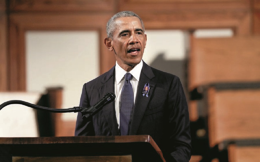 Former U.S. President Barack Obama addresses the service during the funeral of late U.S. Congressman John Lewis, a pioneer of the civil rights movement and long-time member of the U.S. House of Representatives who died July 17, at Ebeneezer Baptist Church in Atlanta, Georgia, U.S. July 30, 2020.  Alyssa Pointer/Pool via REUTERS