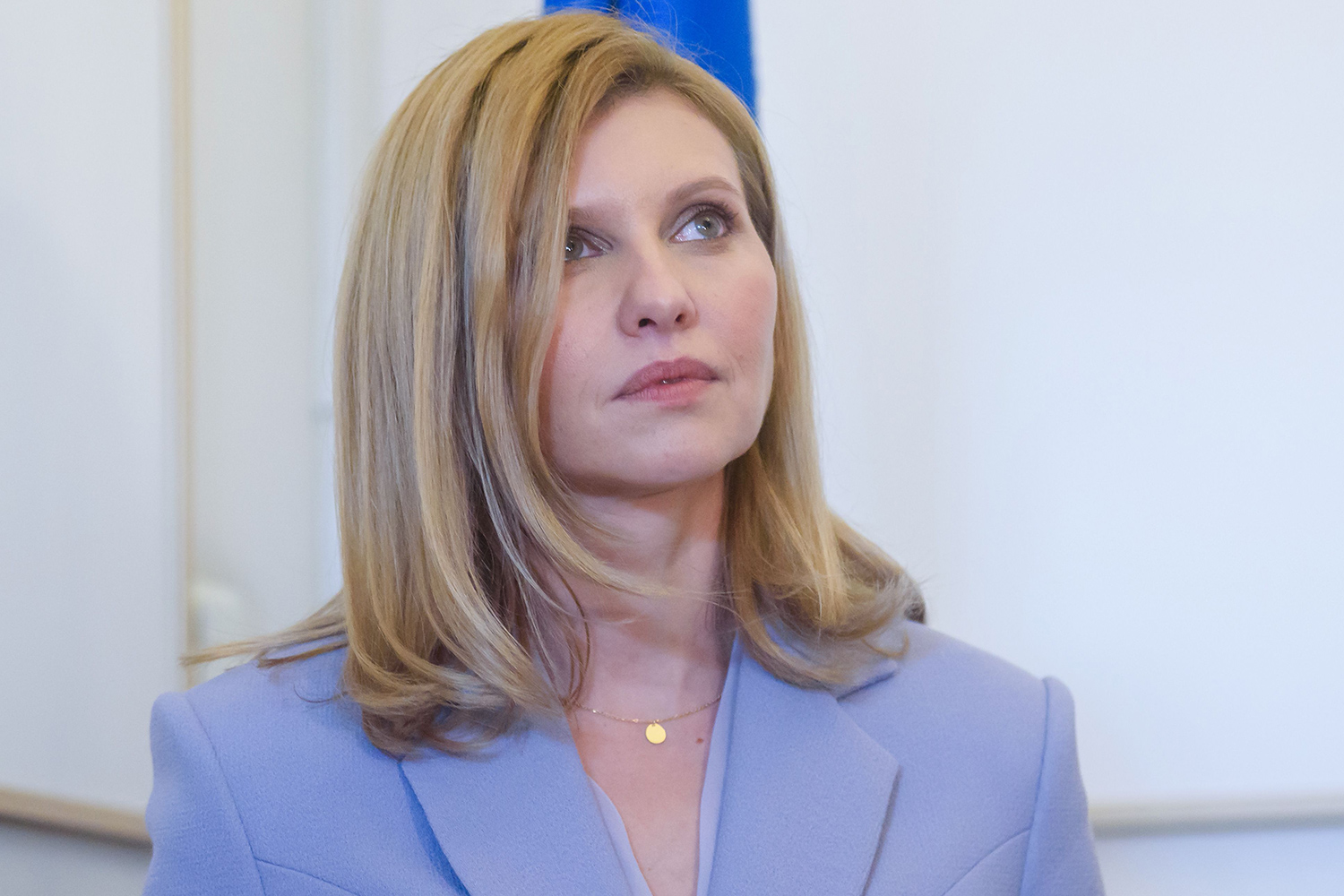 First Lady of Ukraine, Olena Zelenska visits the Latvian Museum of Occupation with her husband in Riga, Latvia, on October 16, 2019. - Ukraine President Volodymyr Zelensky said that his country "will do nothing" in connection with the ongoing impeachment investigation of US President Donald Trump over allegations that he illegally tried to force Kiev to investigate his political rival Joe Biden. (Photo by Gints Ivuskans / AFP) (Photo by GINTS IVUSKANS/AFP via Getty Images)