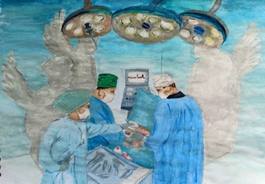 View of artwork by a child showing how Ukrainian healthcare workers are saving lives amid the Russian invasion, in this undated image obtained from social media on April 26, 2022. Parents were encouraged to submit their child's work for the themed contest that ran from April 3rd to April 13th. MEDplus via REUTERS THIS IMAGE HAS BEEN SUPPLIED BY A THIRD PARTY. NO RESALES. NO ARCHIVES. MANDATORY CREDIT