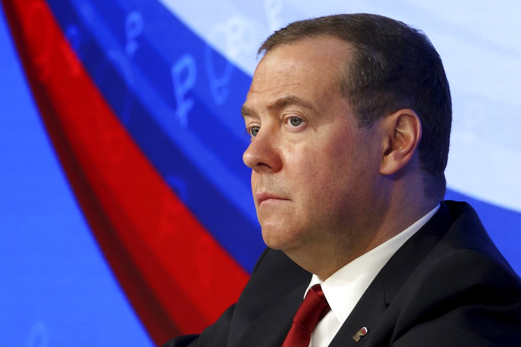 Russian Security Council Deputy Chairman and the head of the United Russia party Dmitry Medvedev attends a session of the Entrepreneurship in the New Economic Reality forum in Moscow, Russia, Thursday, May 26, 2022. (Yekaterina Shtukina, Sputnik, Photo via AP)