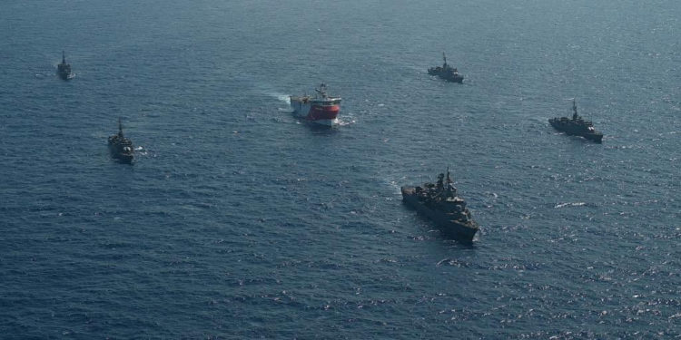 Turkish seismic research vessel Oruc Reis is escorted by Turkish Navy ships as it sets sail in the Mediterranean Sea, off Antalya, Turkey, August 10, 2020. Picture taken August 10, 2020. Turkish Defence Ministry/Handout via REUTERS ATTENTION EDITORS - THIS PICTURE WAS PROVIDED BY A THIRD PARTY. NO RESALES. NO ARCHIVE.