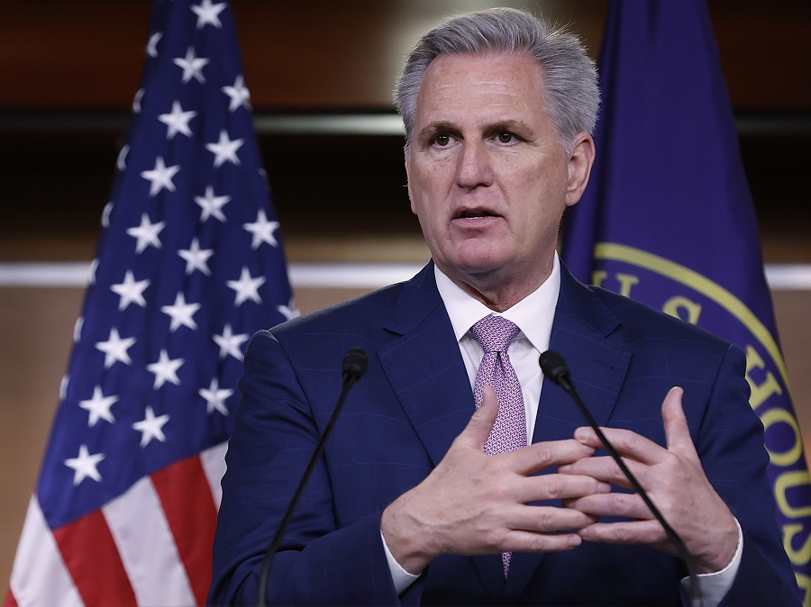 WASHINGTON, DC - MARCH 18: House Minority Leader Kevin McCarthy (R-CA) talks to reporters during his weekly news conference in the U.S. Capitol Visitors Center on March 18, 2022 in Washington, DC. McCarthy blamed Democrats for national and state policies that he said hinder domestic energy production, which results in more opportunities for Russia to sell its oil and natural gas. (Photo by Chip Somodevilla/Getty Images)