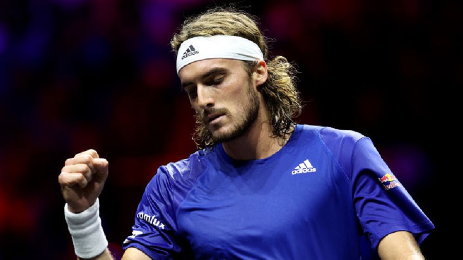 LONDON, ENGLAND - SEPTEMBER 23: Stefanos Tsitsipas of Team Europe celebrates during the match between Diego Schwartzman of Team World and Stefanos Tsitsipas of Team Europe during Day One of the Laver Cup at The O2 Arena on September 23, 2022 in London, England. (Photo by Julian Finney/Getty Images for Laver Cup)